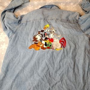 Vtg Warner Bros Denim Shirt Button Up Looney Tunes '96 bugs/marvin/tweety/Taz L